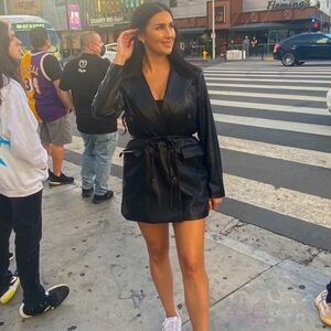 7 For All Mankind Black Faux Leather Belted Double-Breasted Blazer